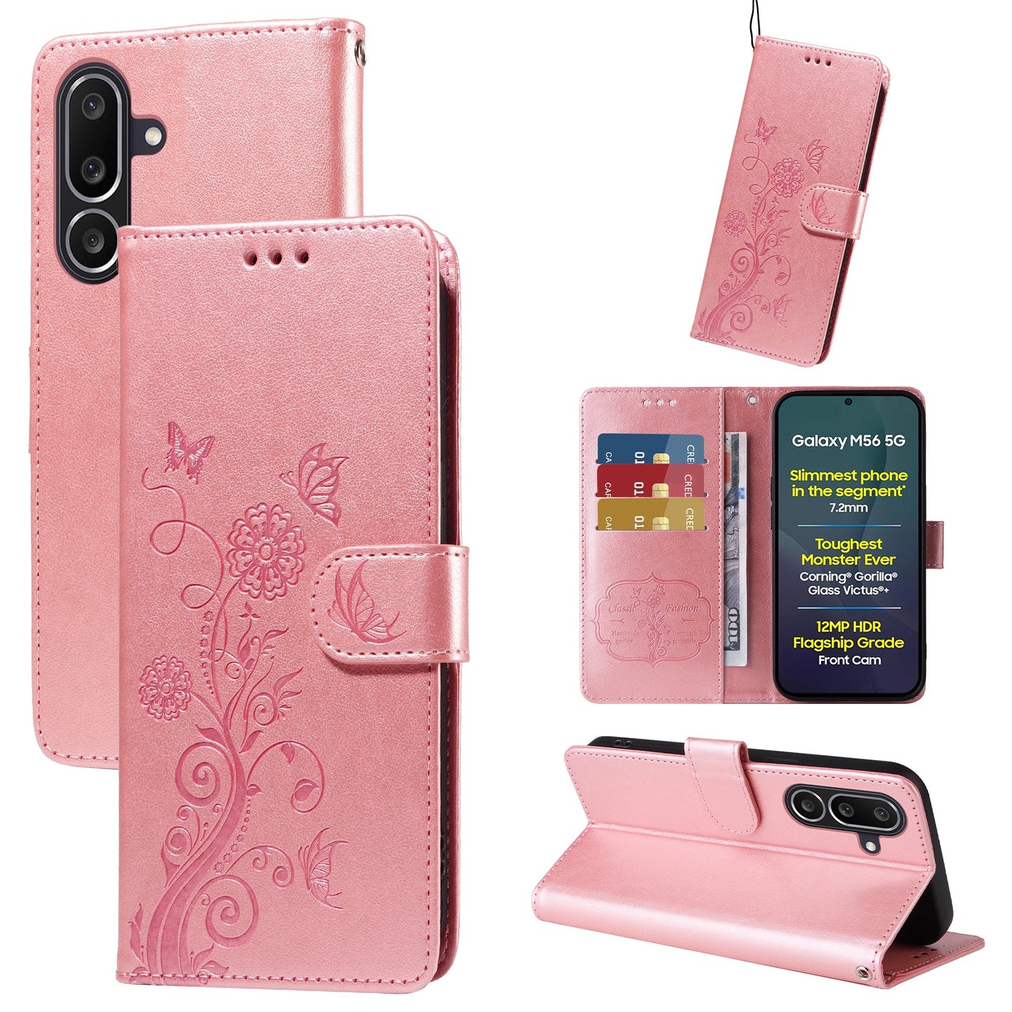 For Samsung Galaxy M56 5G Leather Case Butterfly Floral Imprint Wallet Stand Cover - Pink
