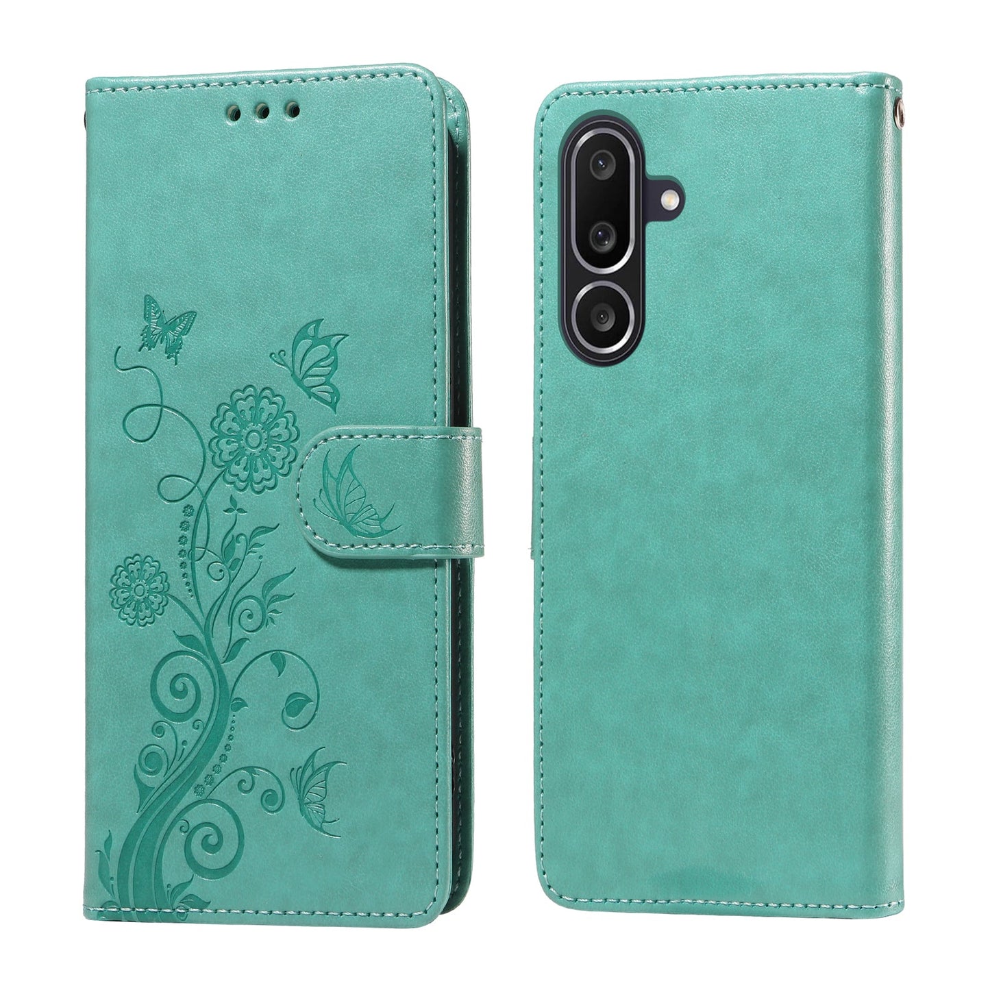 For Samsung Galaxy M56 5G Leather Case Butterfly Floral Imprint Wallet Stand Cover - Green