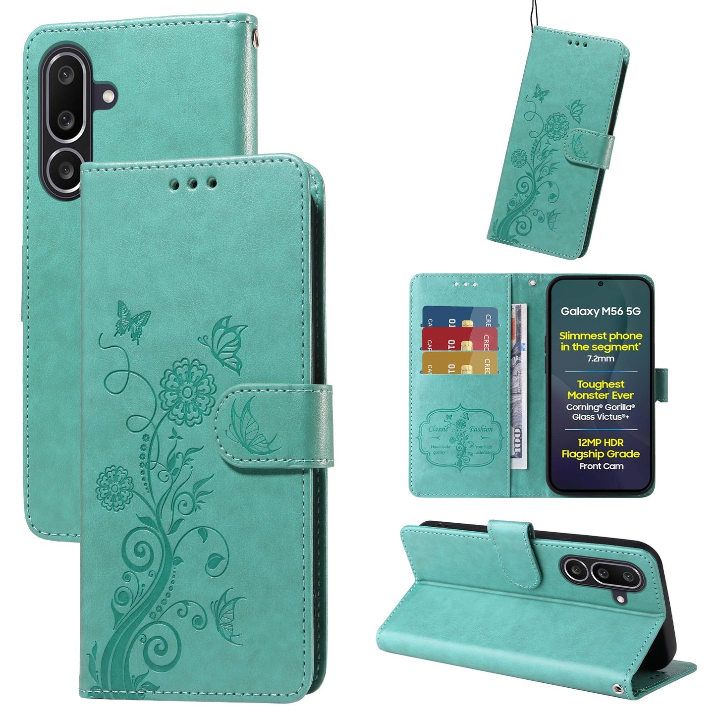 For Samsung Galaxy M56 5G Leather Case Butterfly Floral Imprint Wallet Stand Cover - Green