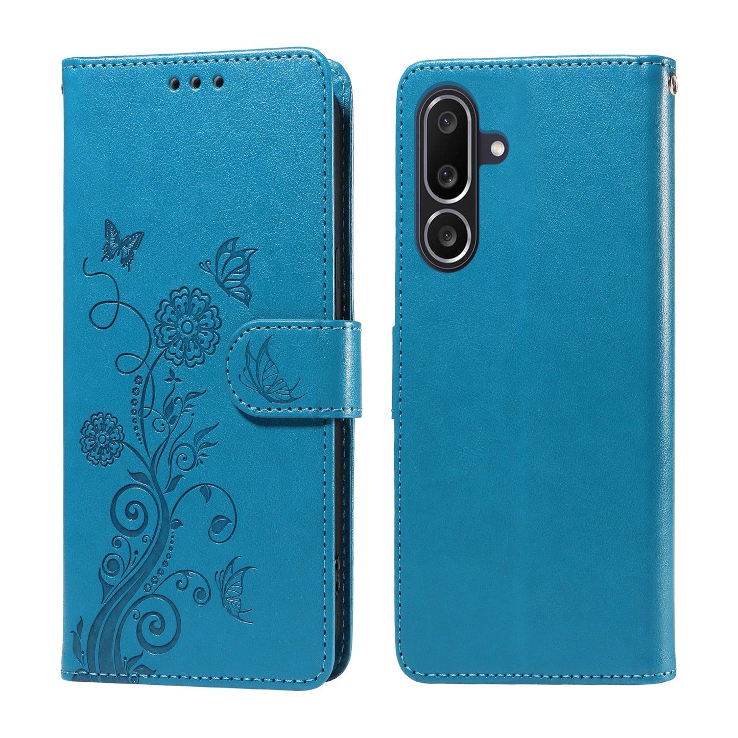 For Samsung Galaxy M56 5G Leather Case Butterfly Floral Imprint Wallet Stand Cover - Blue