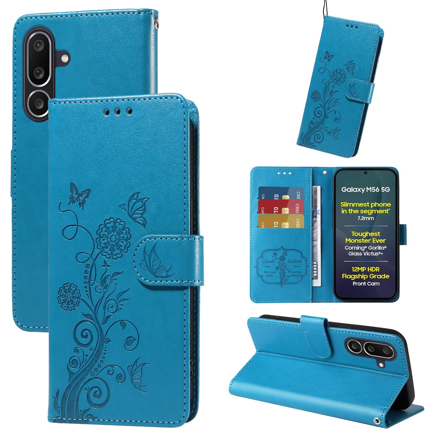 For Samsung Galaxy M56 5G Leather Case Butterfly Floral Imprint Wallet Stand Cover - Blue