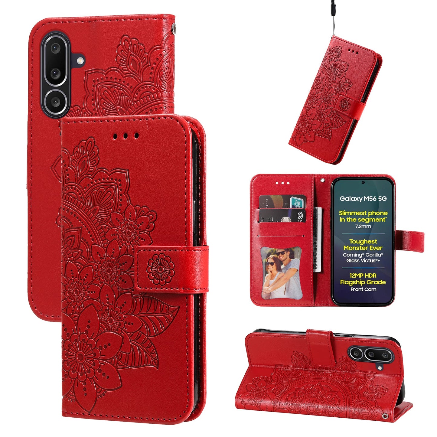 For Samsung Galaxy M56 5G Case Floral Pattern PU Leather Wallet Stand Phone Cover - Red