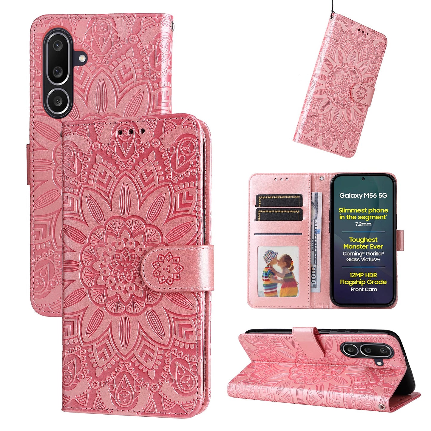 For Samsung Galaxy M56 5G Case Sunflower Imprint Leather Wallet Phone Cover - Pink