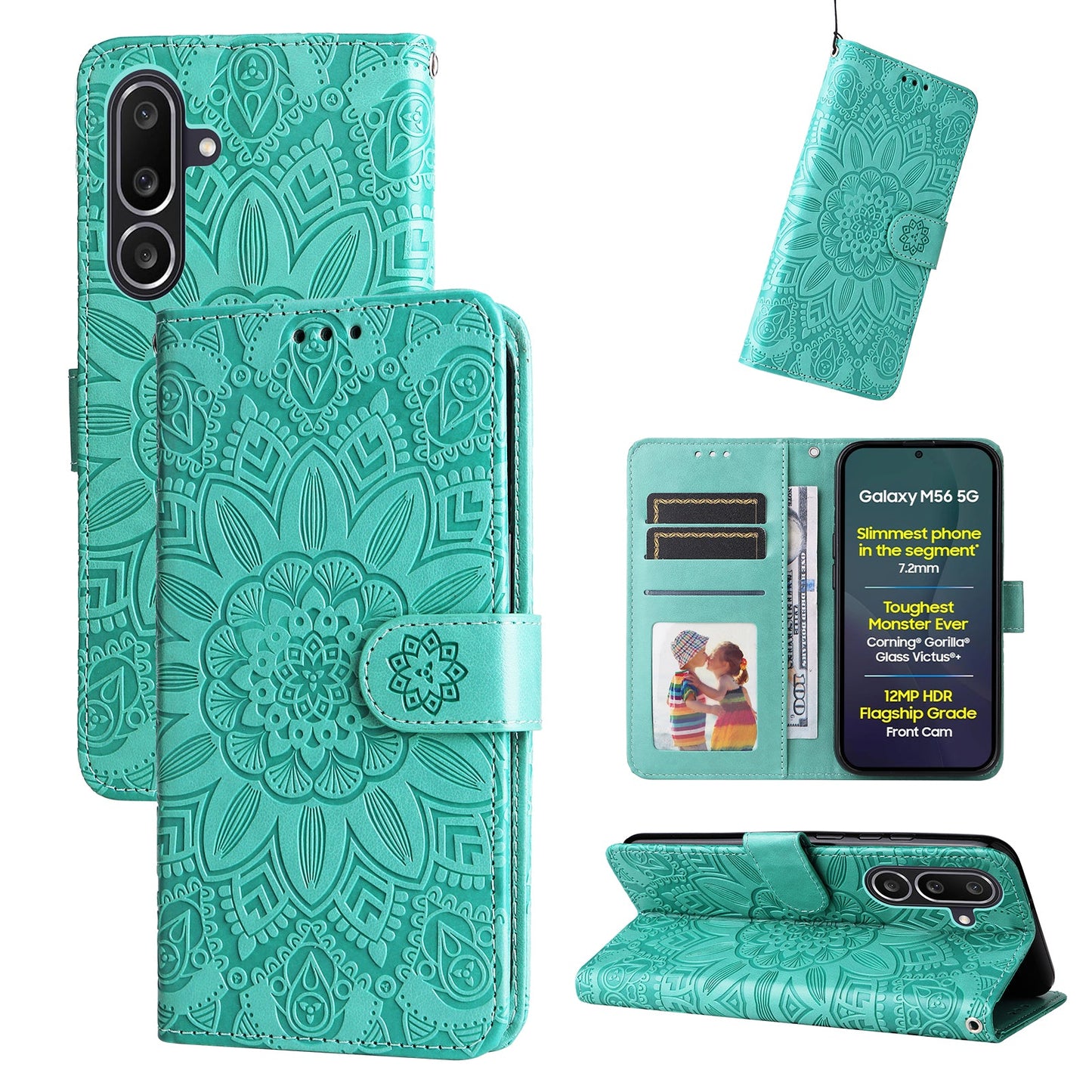 For Samsung Galaxy M56 5G Case Sunflower Imprint Leather Wallet Phone Cover - Green