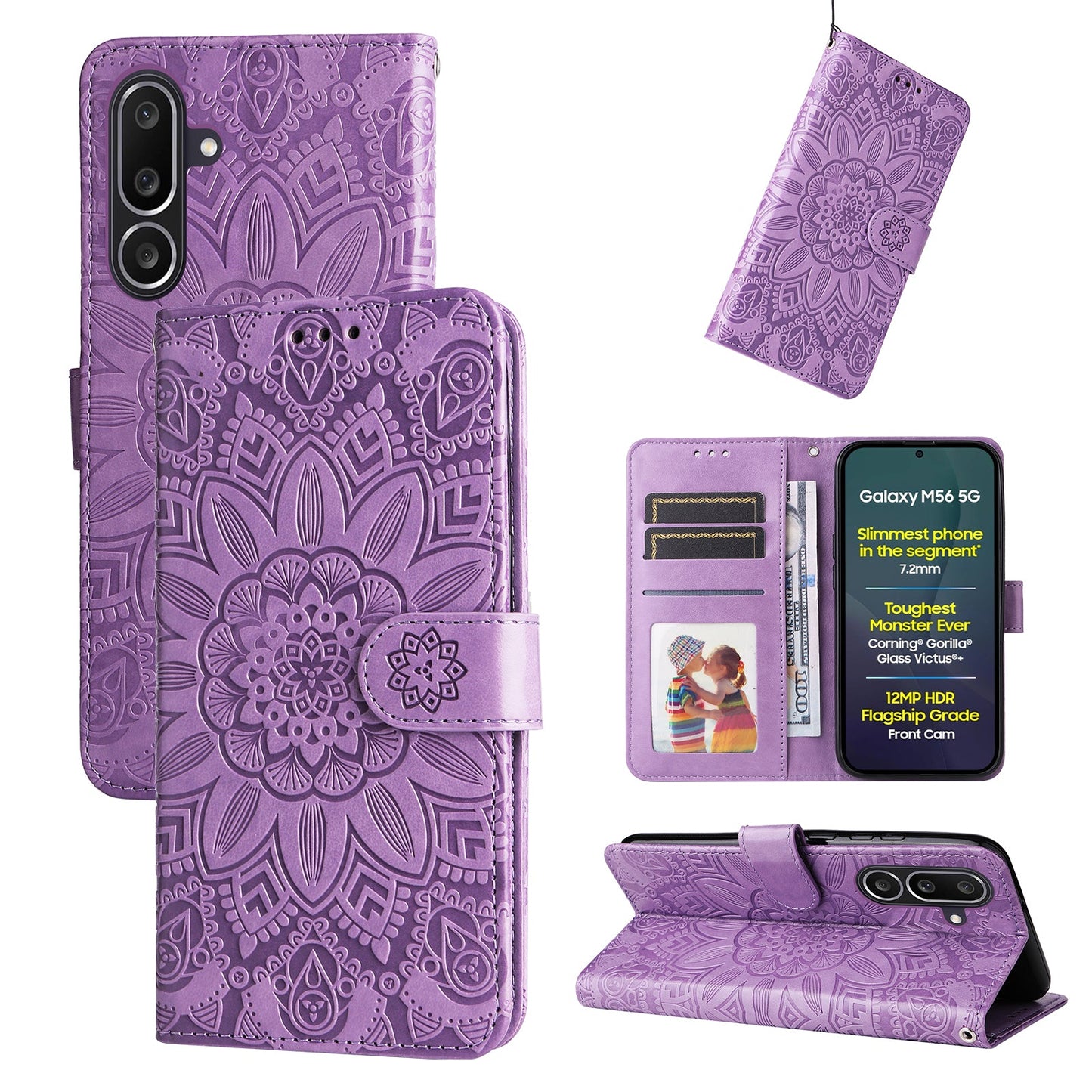 For Samsung Galaxy M56 5G Case Sunflower Imprint Leather Wallet Phone Cover - Purple