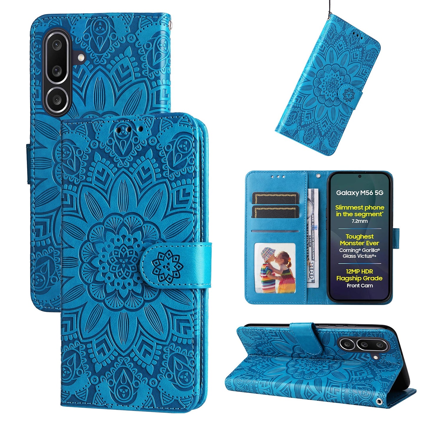 For Samsung Galaxy M56 5G Case Sunflower Imprint Leather Wallet Phone Cover - Blue