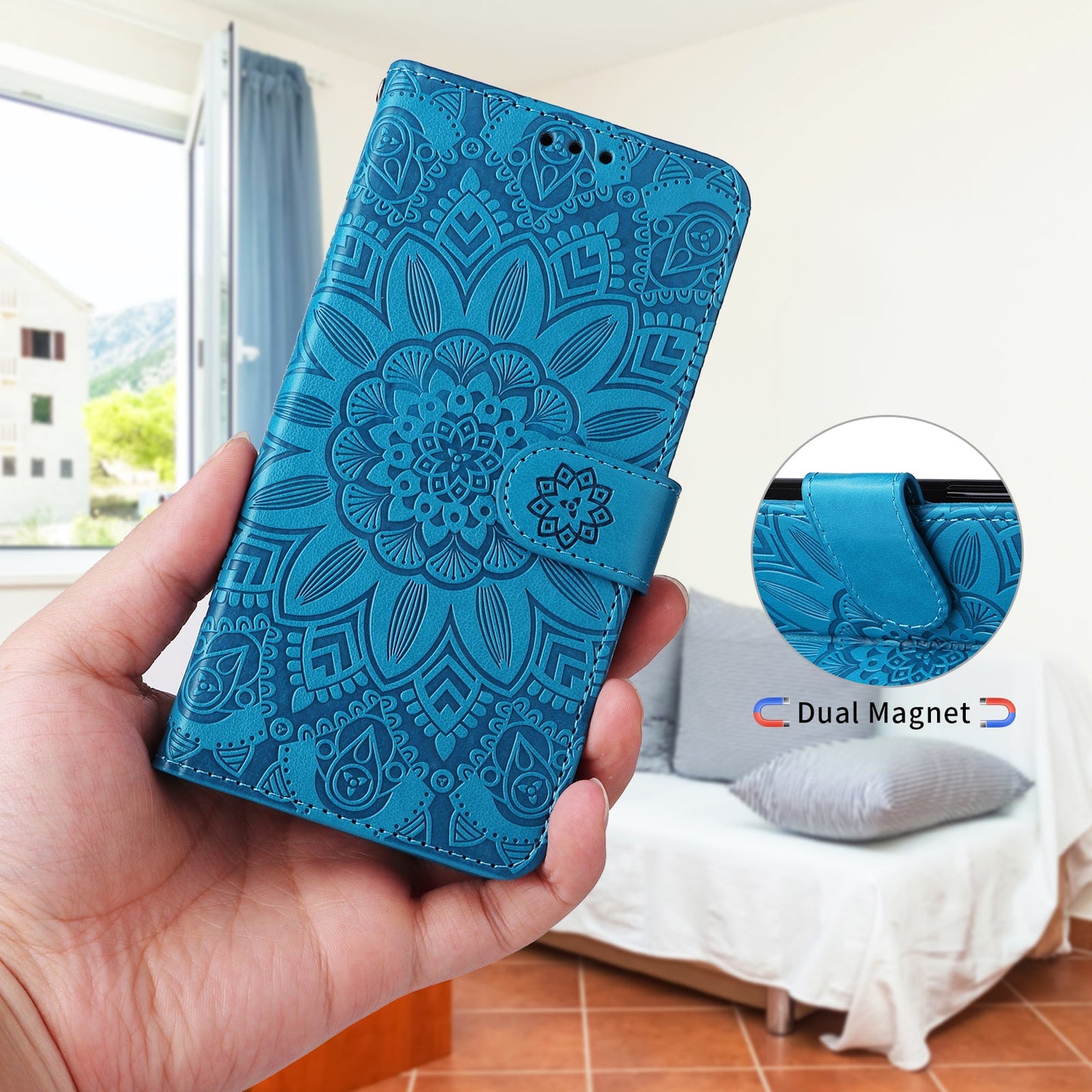 For Samsung Galaxy M56 5G Case Sunflower Imprint Leather Wallet Phone Cover - Blue
