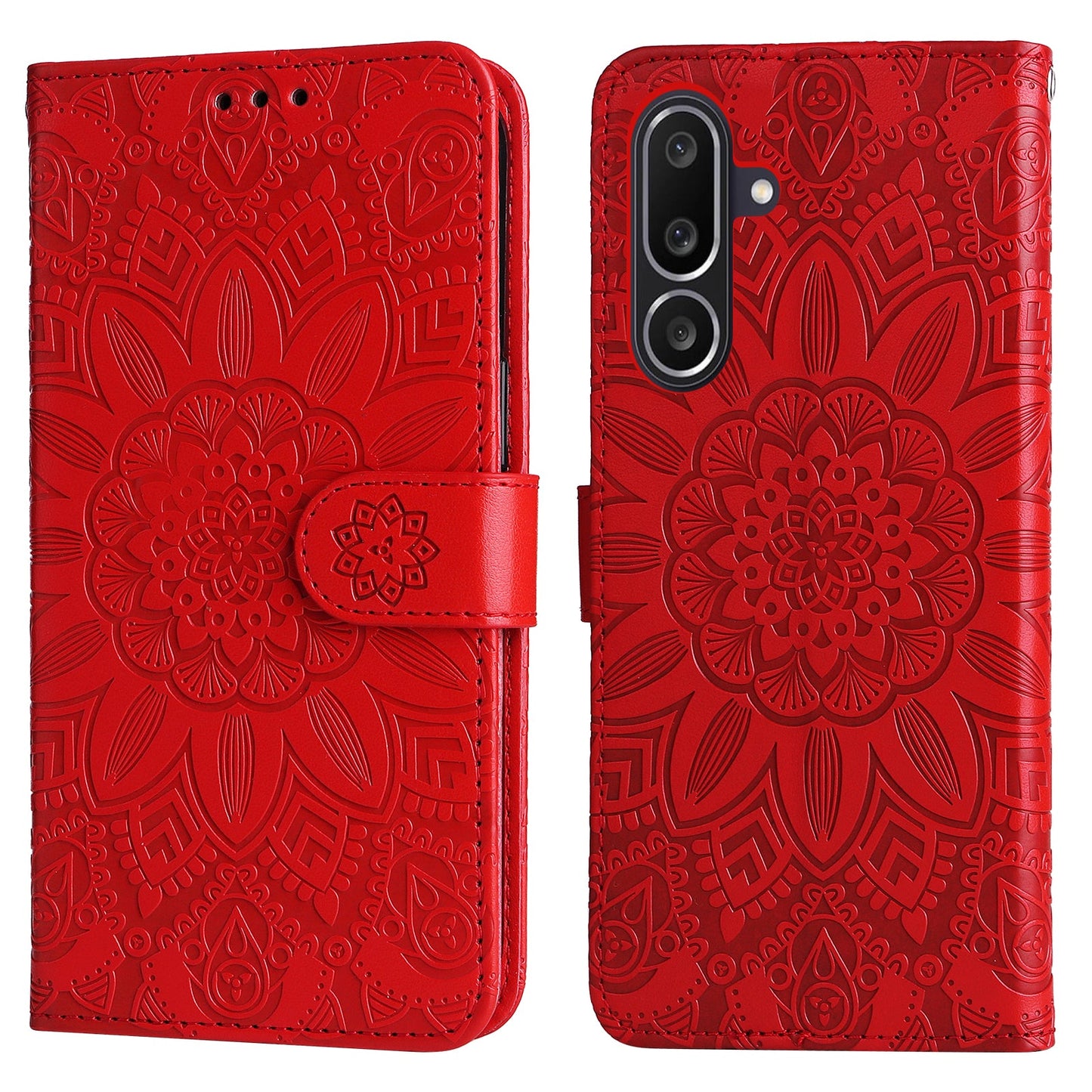 For Samsung Galaxy M56 5G Case Sunflower Imprint Leather Wallet Phone Cover - Red