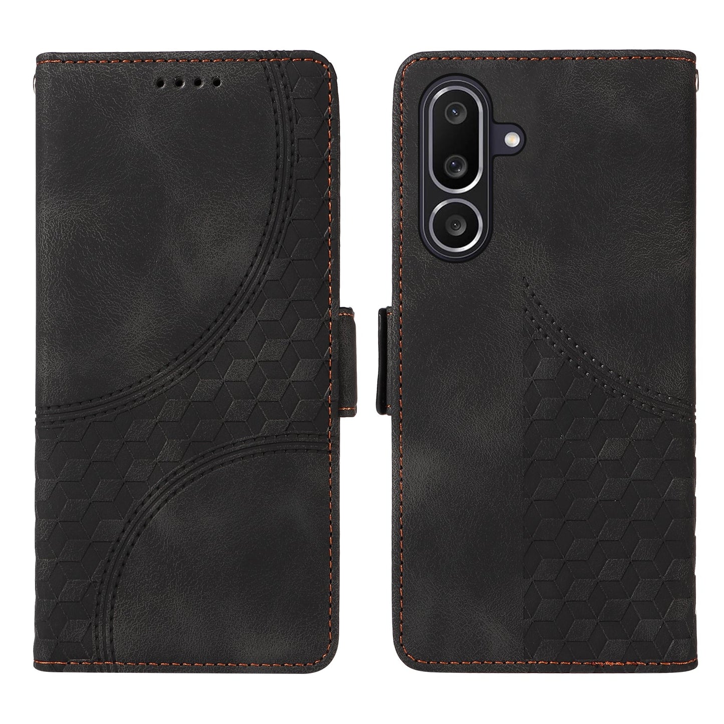 For Samsung Galaxy M56 5G Leather Cases Wallet Rhombus Imprinted Phone Cover Stand with Strap - Black