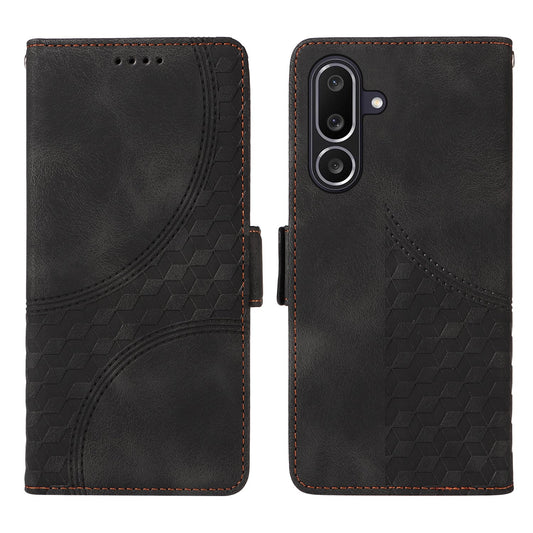 For Samsung Galaxy M56 5G Leather Cases Wallet Rhombus Imprinted Phone Cover Stand with Strap - Black