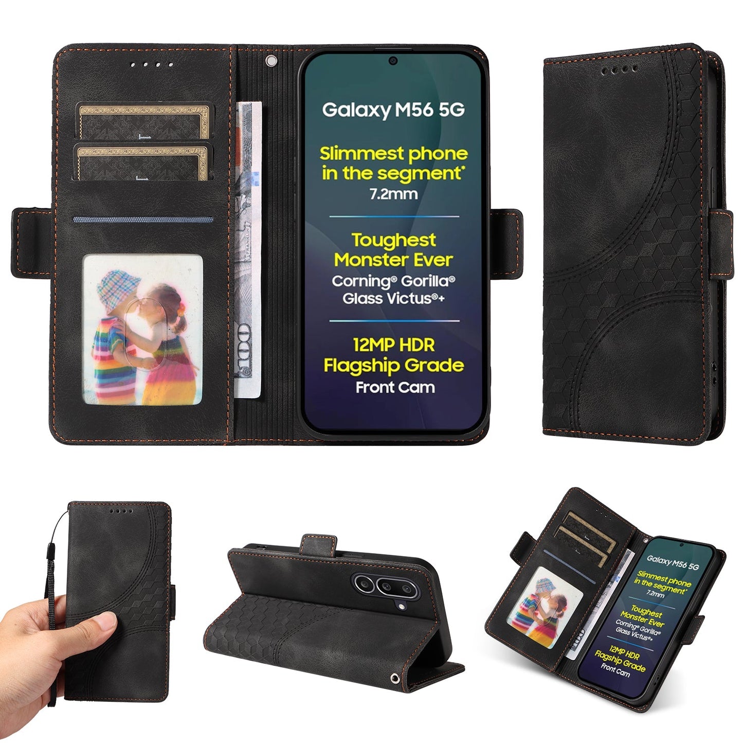 For Samsung Galaxy M56 5G Leather Cases Wallet Rhombus Imprinted Phone Cover Stand with Strap - Black