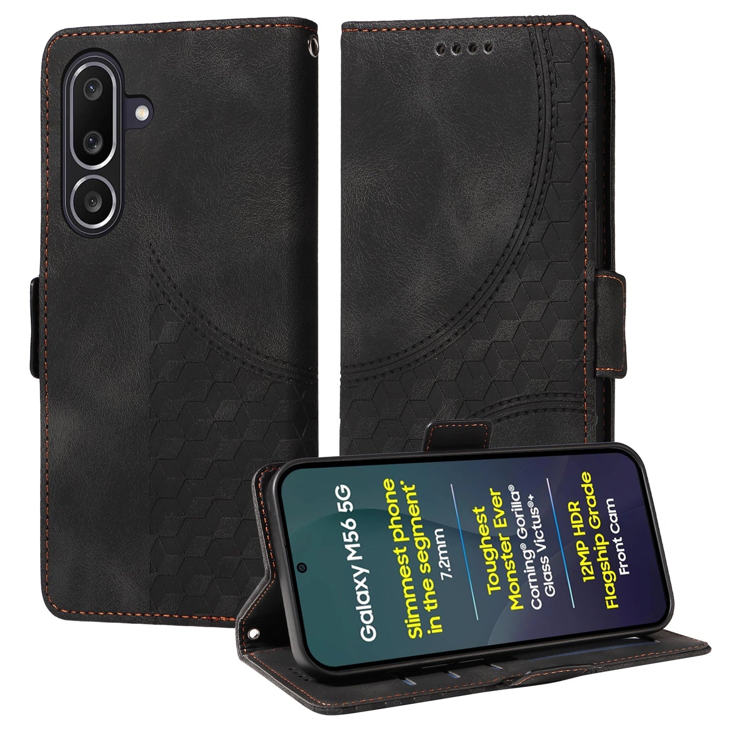 For Samsung Galaxy M56 5G Leather Cases Wallet Rhombus Imprinted Phone Cover Stand with Strap - Black