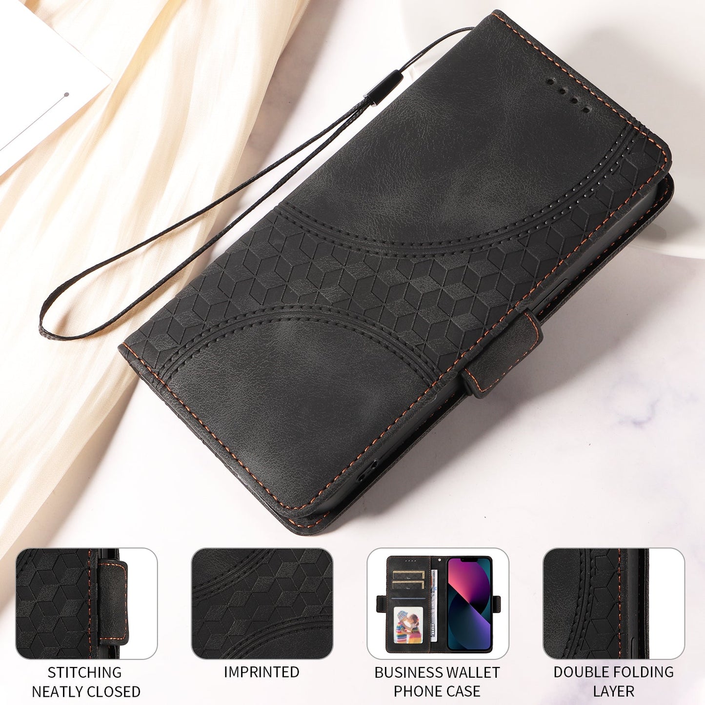 For Samsung Galaxy M56 5G Leather Cases Wallet Rhombus Imprinted Phone Cover Stand with Strap - Black
