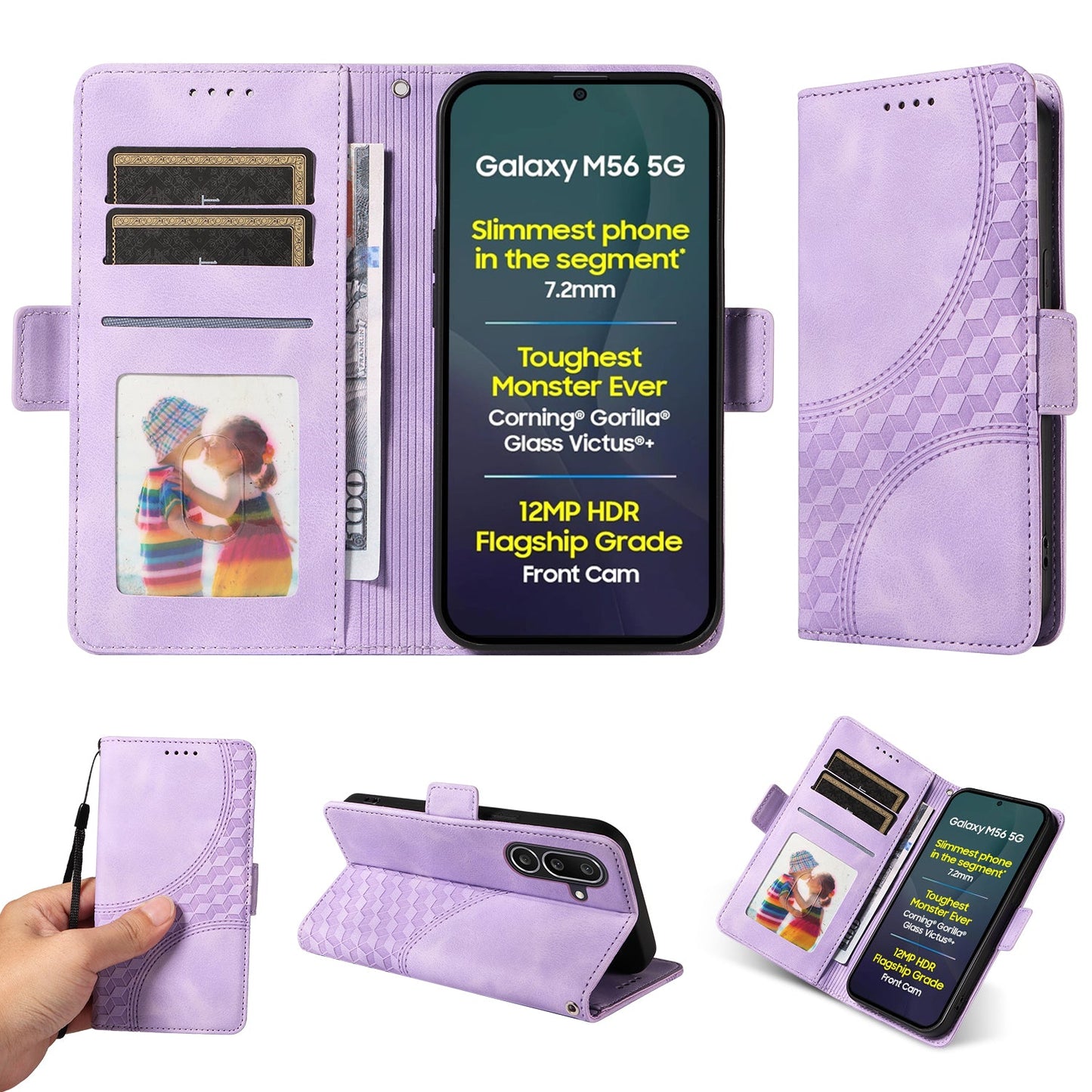 For Samsung Galaxy M56 5G Leather Cases Wallet Rhombus Imprinted Phone Cover Stand with Strap - Purple