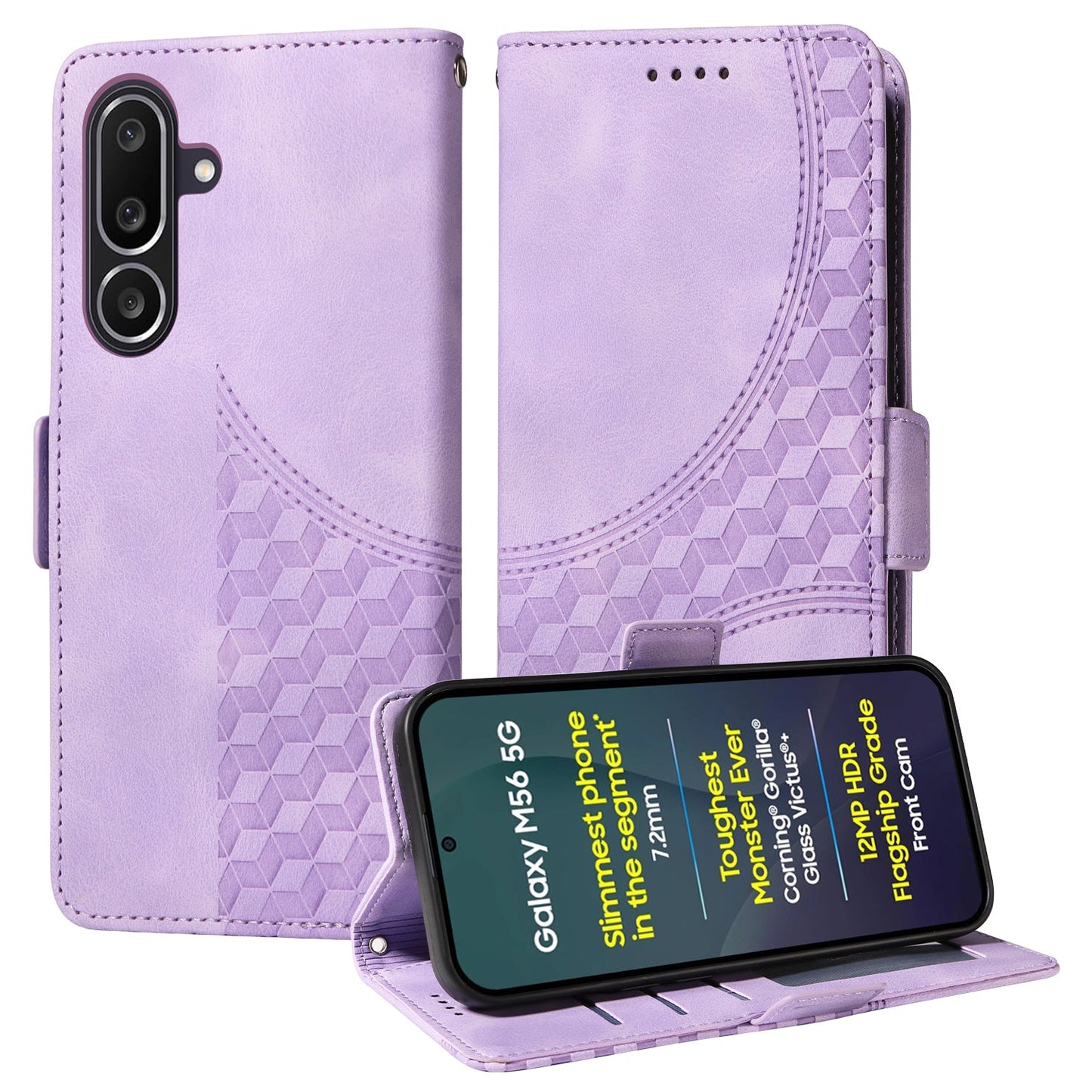 For Samsung Galaxy M56 5G Leather Cases Wallet Rhombus Imprinted Phone Cover Stand with Strap - Purple