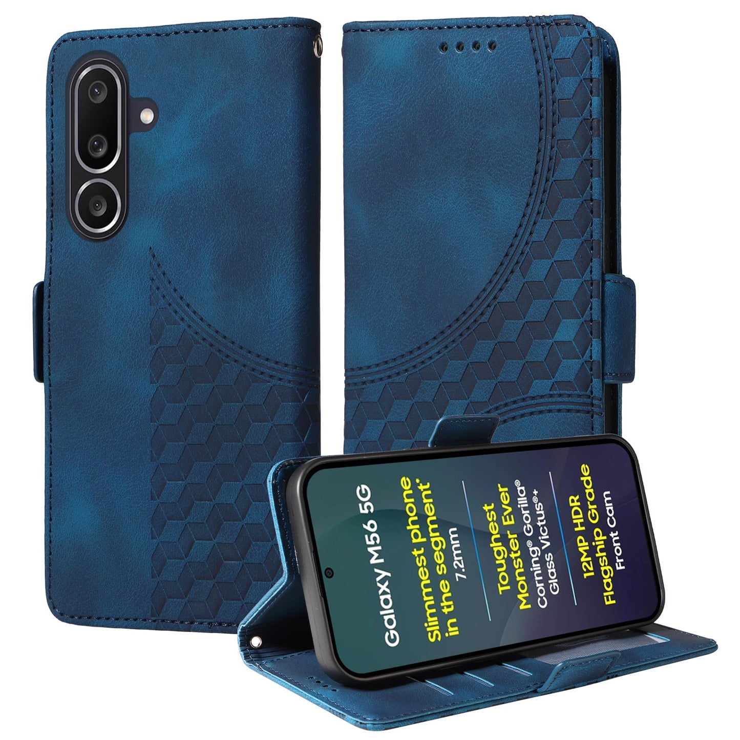 For Samsung Galaxy M56 5G Leather Cases Wallet Rhombus Imprinted Phone Cover Stand with Strap - Blue