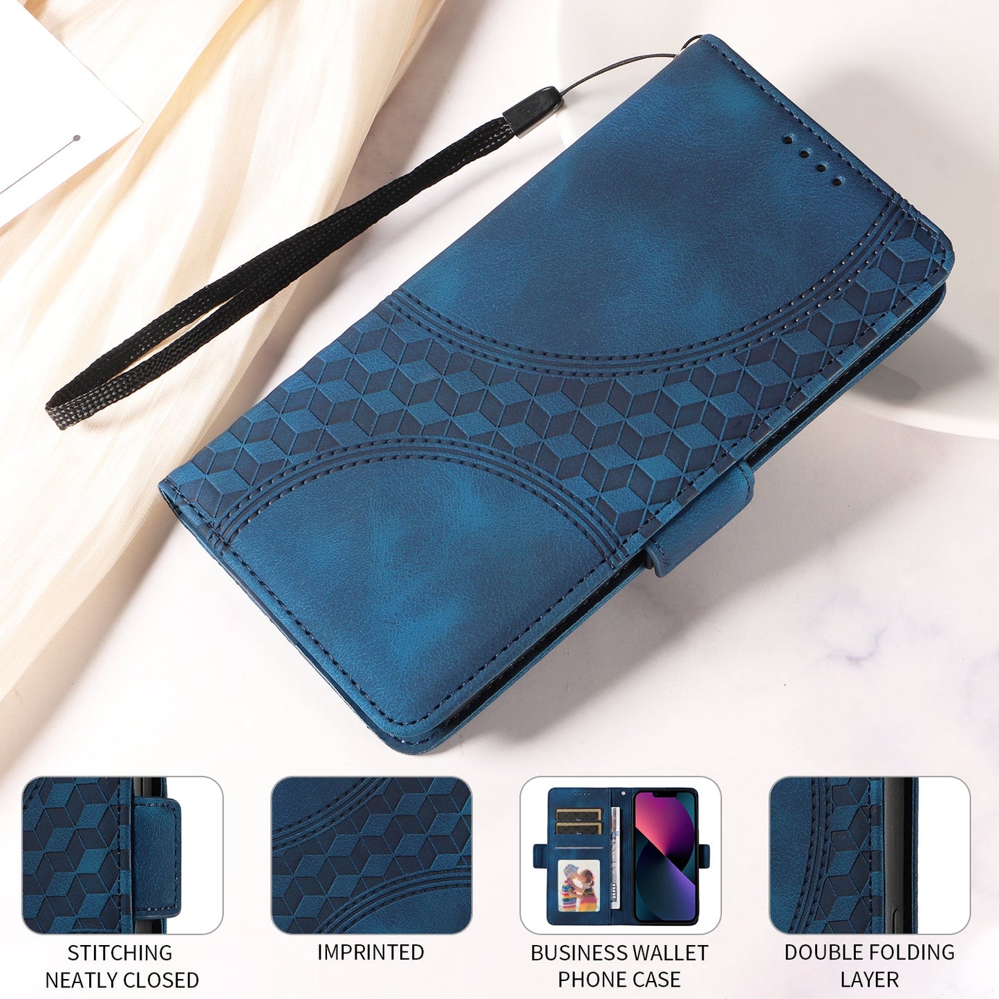 For Samsung Galaxy M56 5G Leather Cases Wallet Rhombus Imprinted Phone Cover Stand with Strap - Blue