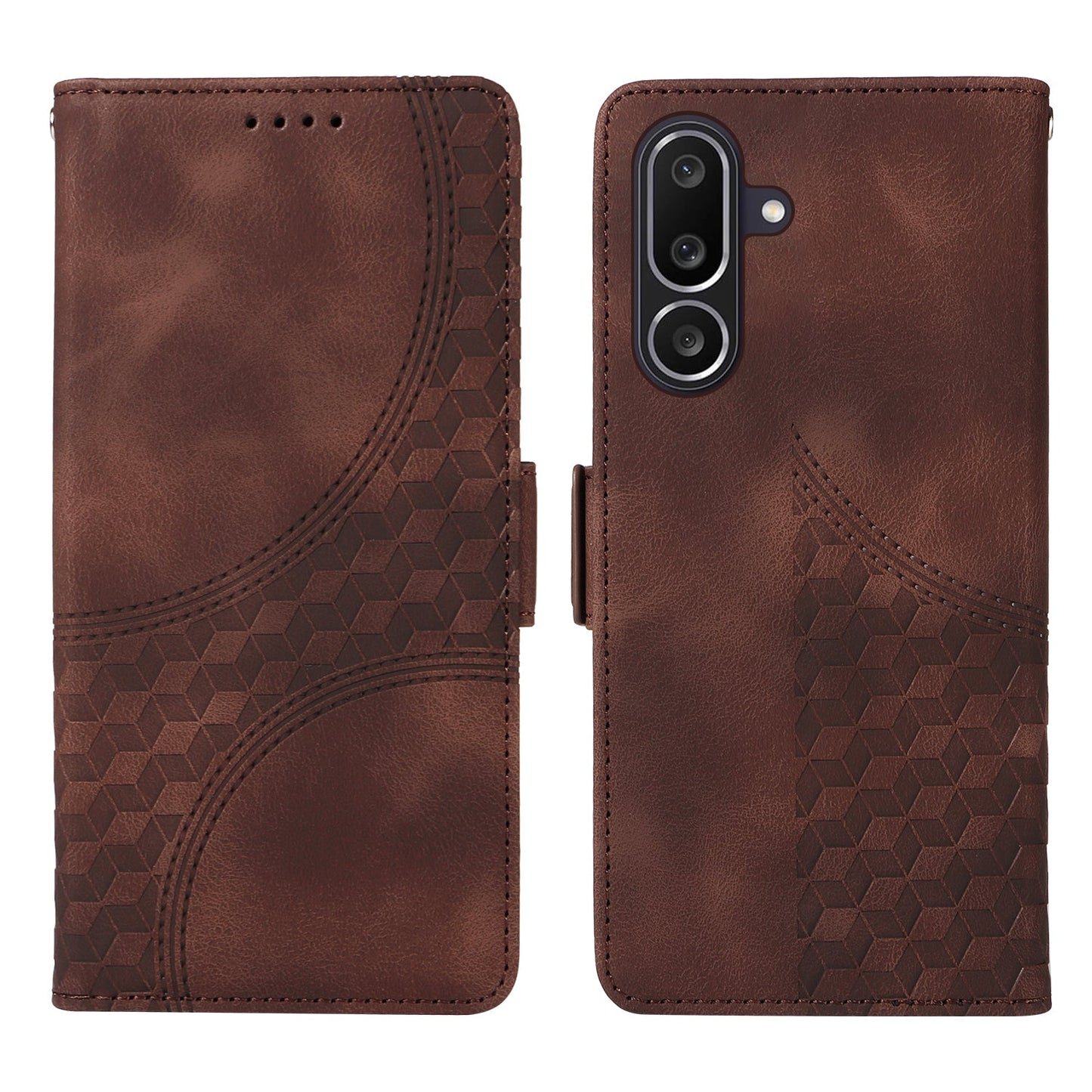 For Samsung Galaxy M56 5G Leather Cases Wallet Rhombus Imprinted Phone Cover Stand with Strap - Brown