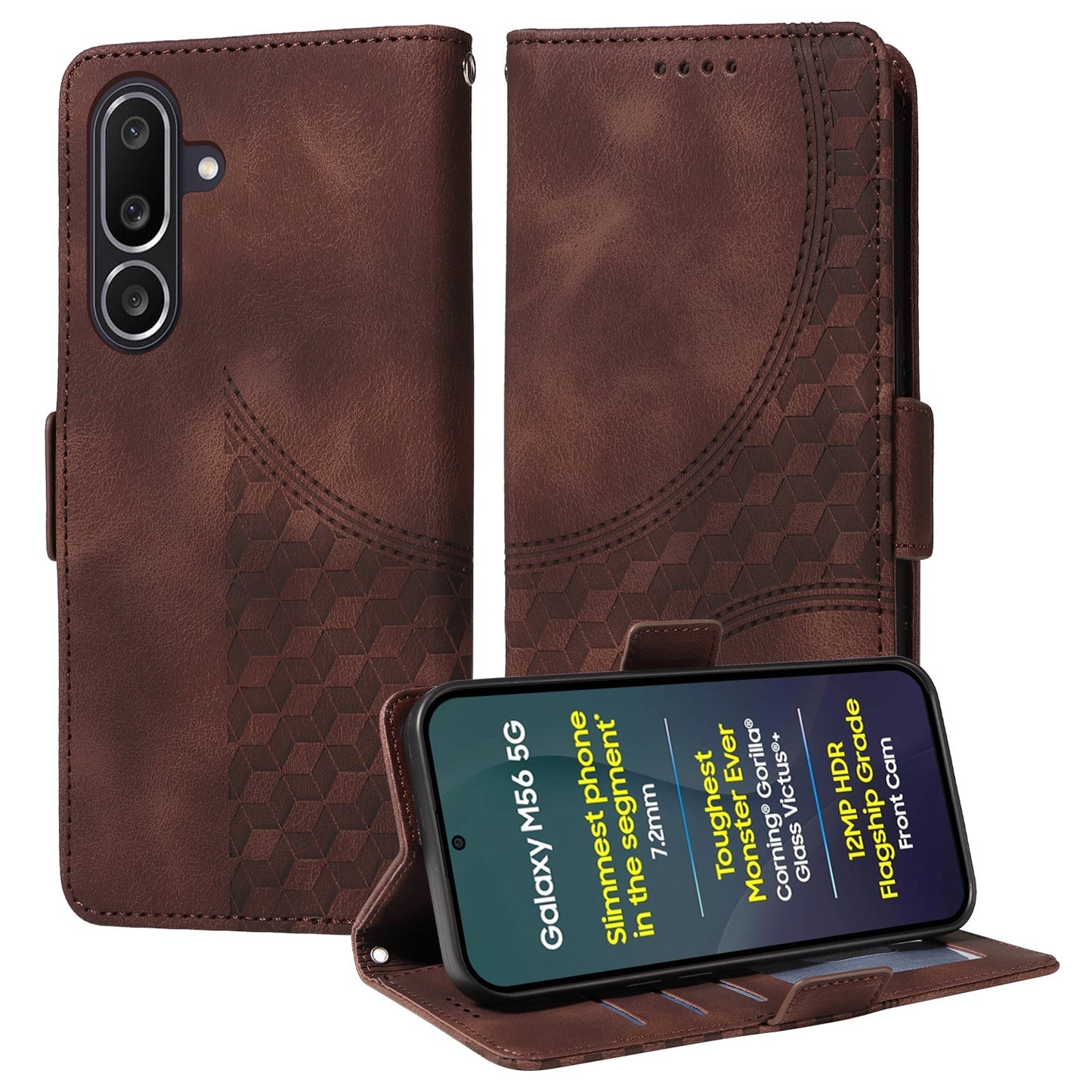 For Samsung Galaxy M56 5G Leather Cases Wallet Rhombus Imprinted Phone Cover Stand with Strap - Brown