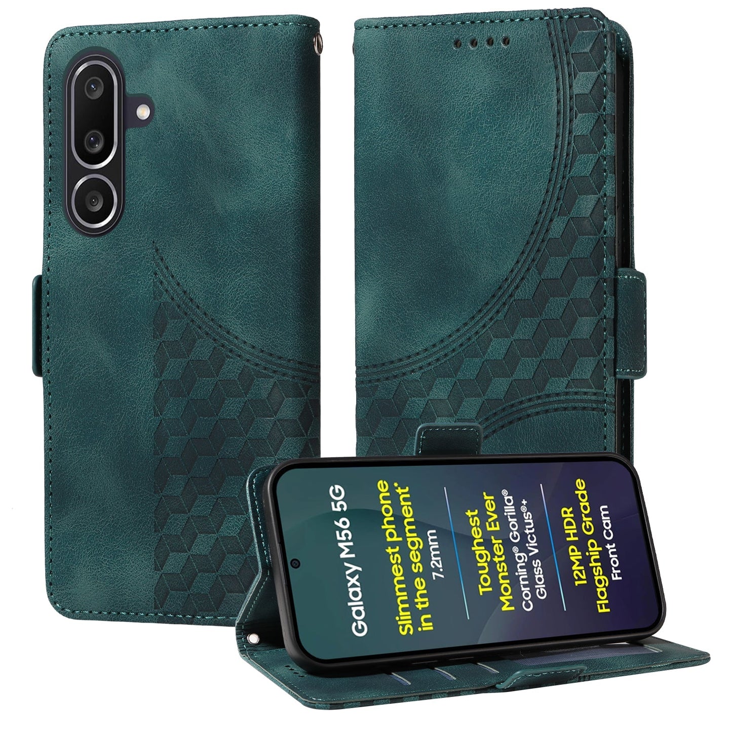 For Samsung Galaxy M56 5G Leather Cases Wallet Rhombus Imprinted Phone Cover Stand with Strap - Green