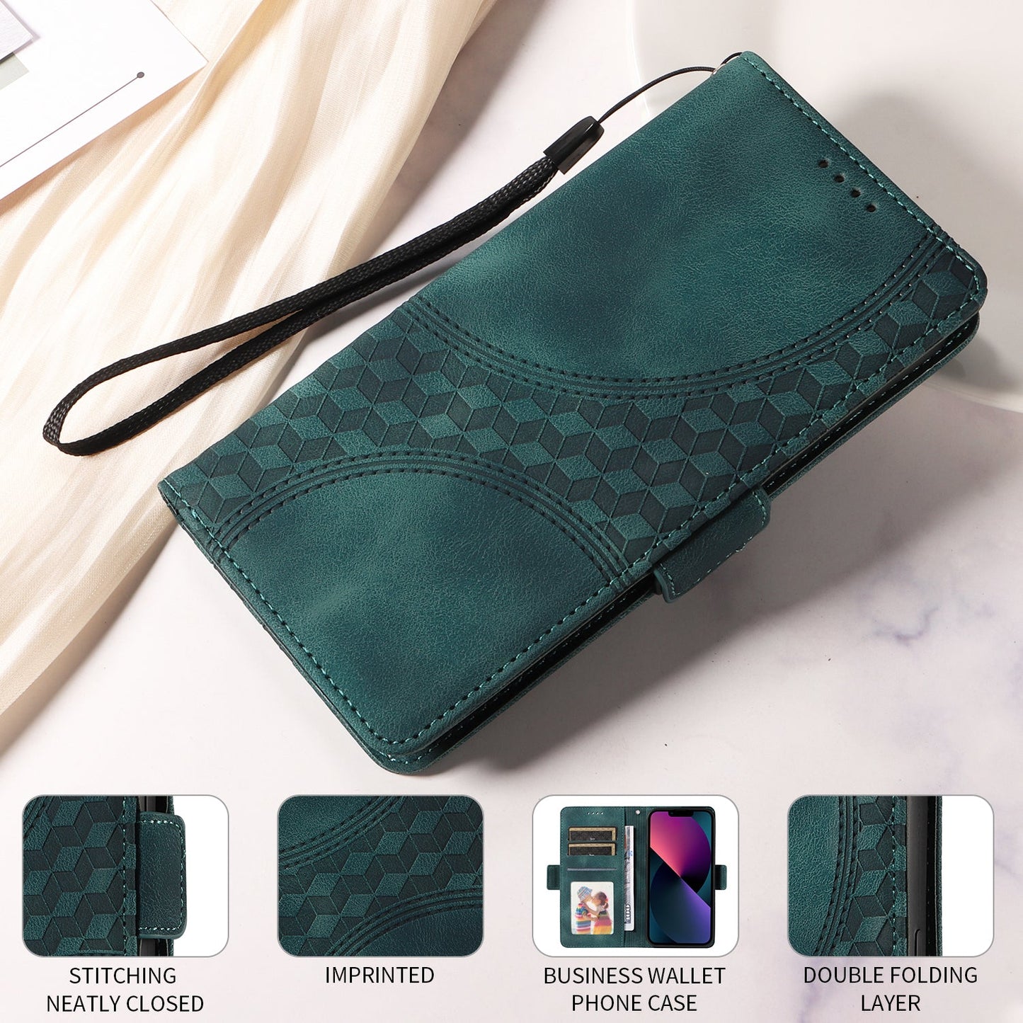 For Samsung Galaxy M56 5G Leather Cases Wallet Rhombus Imprinted Phone Cover Stand with Strap - Green