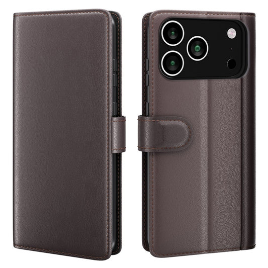 For iPhone 17 Pro Max Case Genuine Split Leather Wallet Stand Phone Cover - Brown