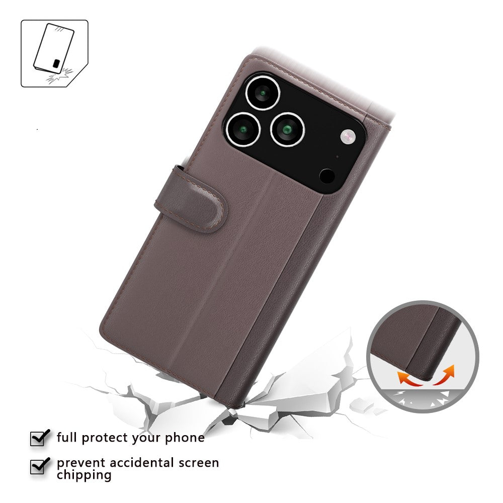 For iPhone 17 Pro Max Case Genuine Split Leather Wallet Stand Phone Cover - Brown