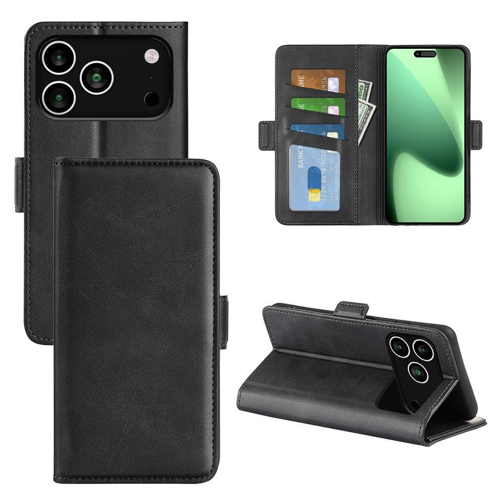 For iPhone 17 Pro Max Case Calf Texture Leather Wallet Phone Cover - Black