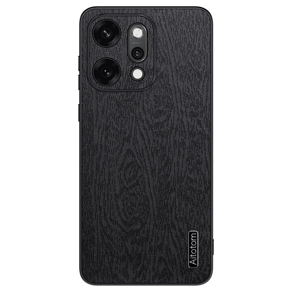 For Oppo Reno14 5G (Global) Case Wood Texture PU Leather Coated PC TPU Phone Cover - Black