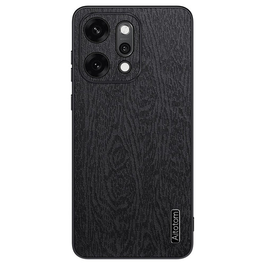 For Oppo Reno14 5G (Global) Case Wood Texture PU Leather Coated PC TPU Phone Cover - Black