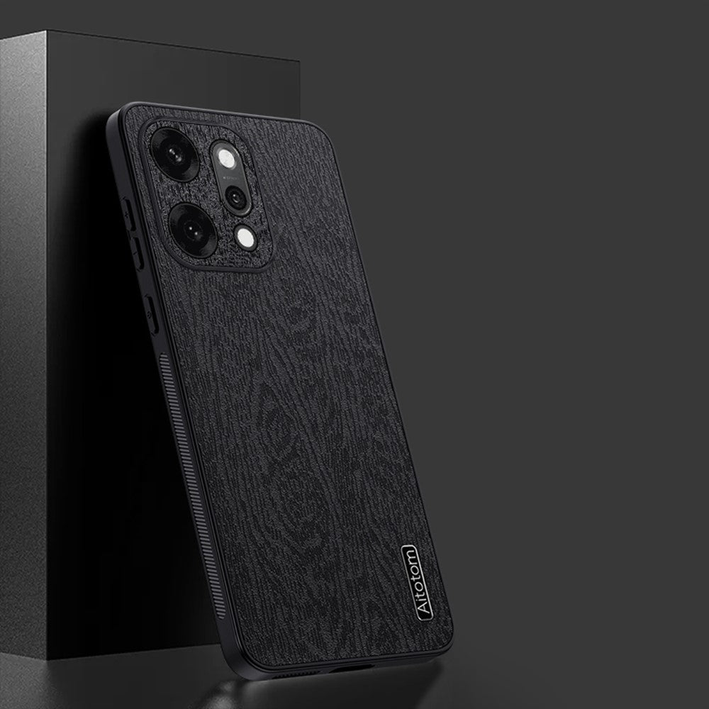 For Oppo Reno14 5G (Global) Case Wood Texture PU Leather Coated PC TPU Phone Cover - Black