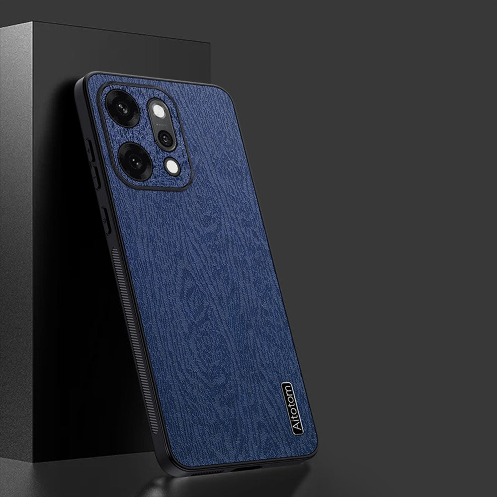 For Oppo Reno14 5G (Global) Case Wood Texture PU Leather Coated PC TPU Phone Cover - Blue