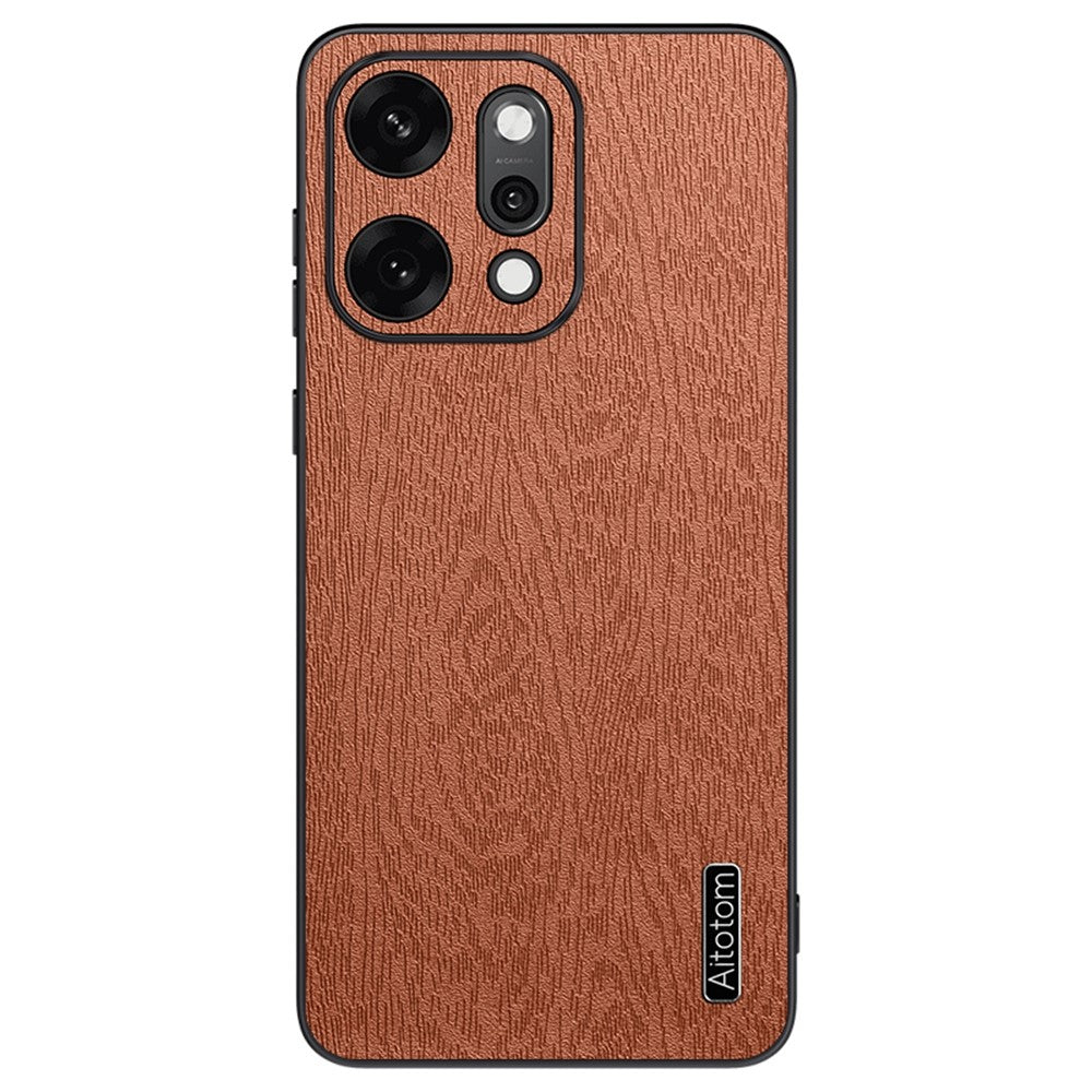 For Oppo Reno14 5G (Global) Case Wood Texture PU Leather Coated PC TPU Phone Cover - Brown