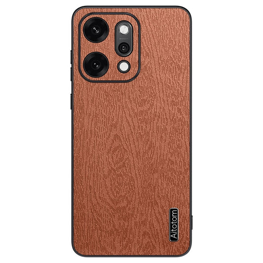 For Oppo Reno14 5G (Global) Case Wood Texture PU Leather Coated PC TPU Phone Cover - Brown
