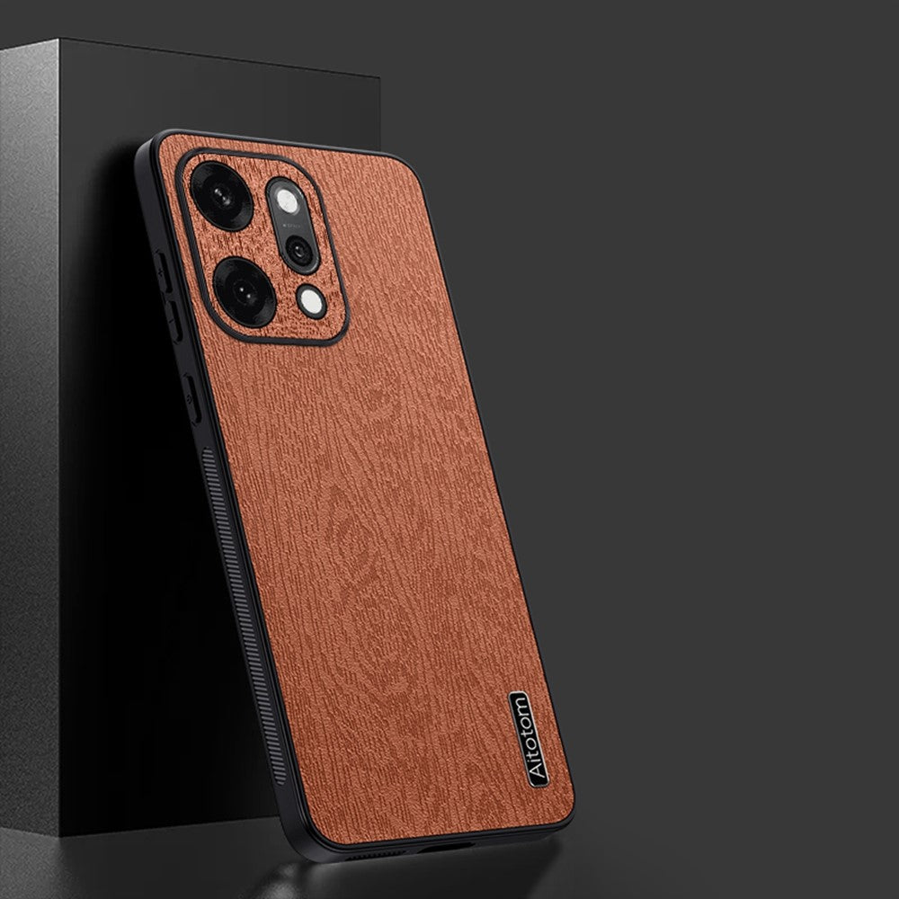 For Oppo Reno14 5G (Global) Case Wood Texture PU Leather Coated PC TPU Phone Cover - Brown