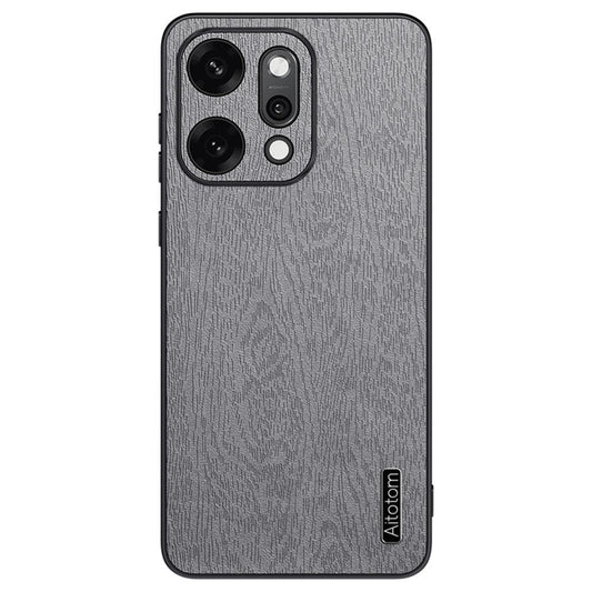 For Oppo Reno14 5G (Global) Case Wood Texture PU Leather Coated PC TPU Phone Cover - Grey