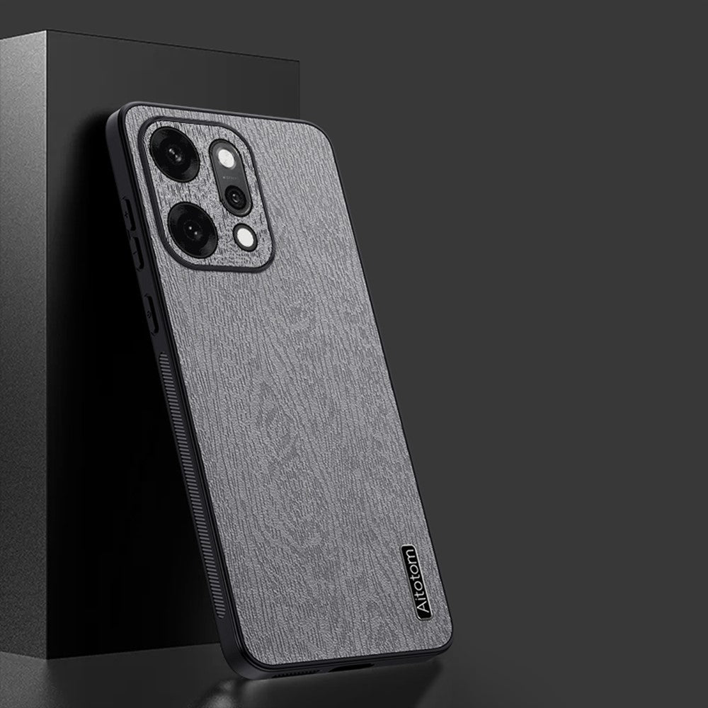 For Oppo Reno14 5G (Global) Case Wood Texture PU Leather Coated PC TPU Phone Cover - Grey