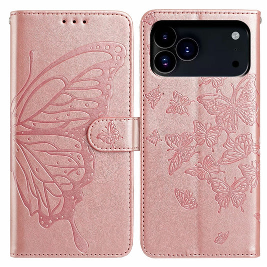 For iPhone 17 Pro Max Case Butterfly Imprinted Wallet Stand PU Leather Flip Phone Cover with Strap - Rose Gold