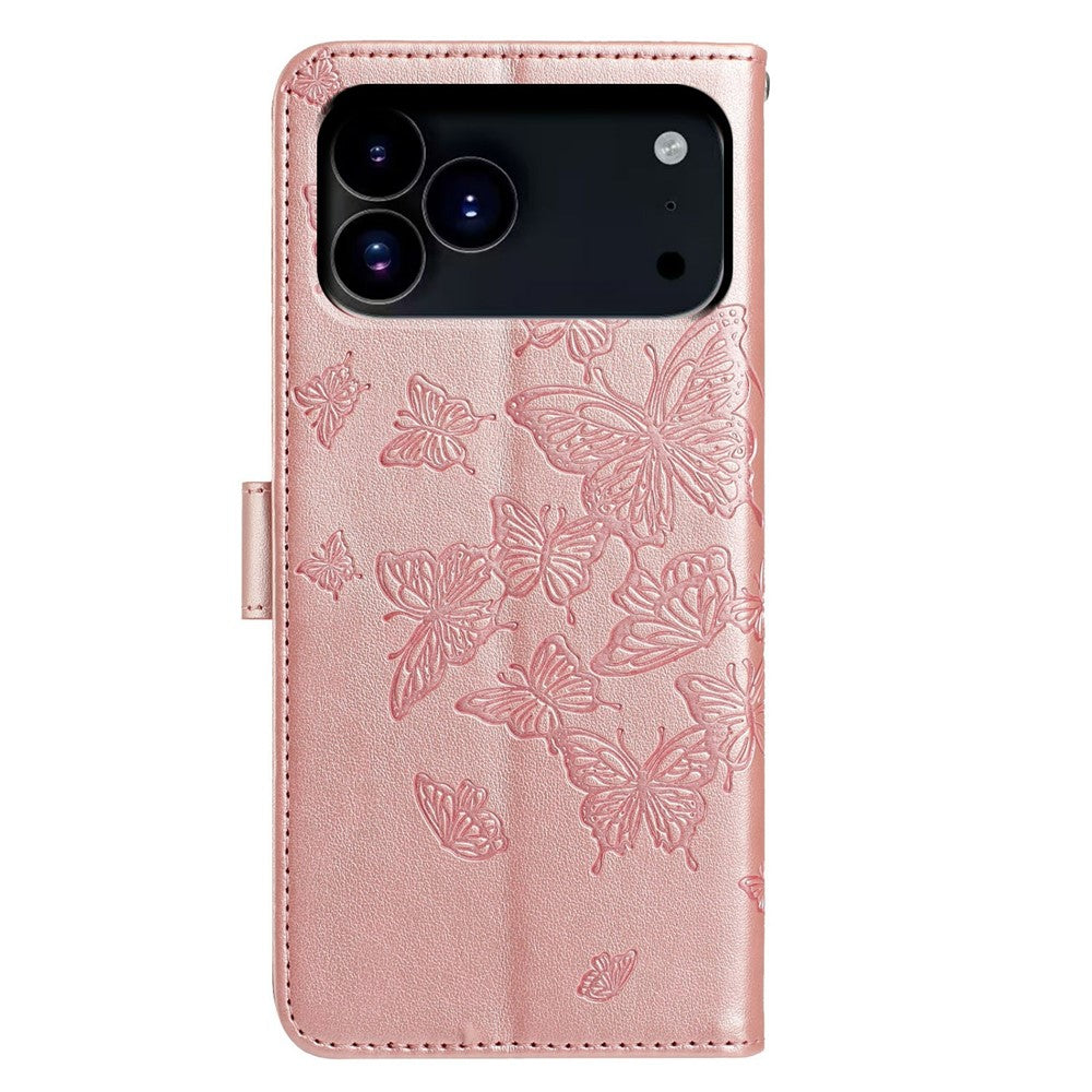 For iPhone 17 Pro Max Case Butterfly Imprinted Wallet Stand PU Leather Flip Phone Cover with Strap - Rose Gold