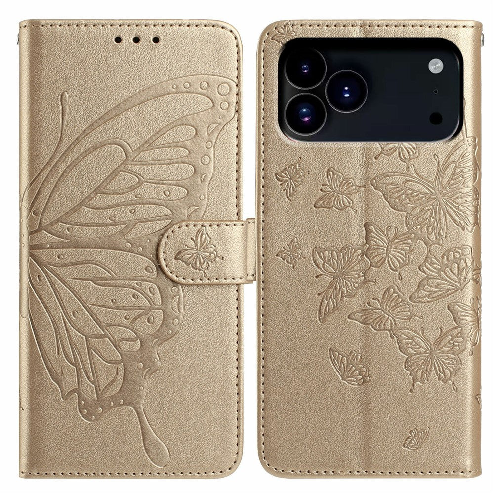 For iPhone 17 Pro Max Case Butterfly Imprinted Wallet Stand PU Leather Flip Phone Cover with Strap - Gold