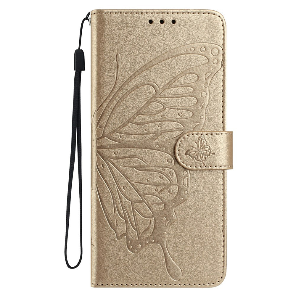 For iPhone 17 Pro Max Case Butterfly Imprinted Wallet Stand PU Leather Flip Phone Cover with Strap - Gold