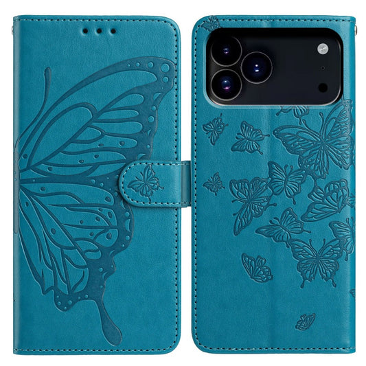 For iPhone 17 Pro Max Case Butterfly Imprinted Wallet Stand PU Leather Flip Phone Cover with Strap - Blue