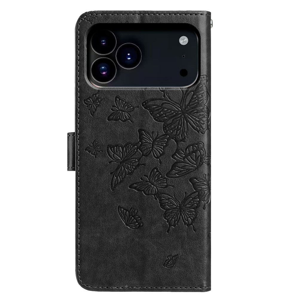 For iPhone 17 Pro Max Case Butterfly Imprinted Wallet Stand PU Leather Flip Phone Cover with Strap - Black