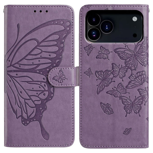 For iPhone 17 Pro Max Case Butterfly Imprinted Wallet Stand PU Leather Flip Phone Cover with Strap - Purple