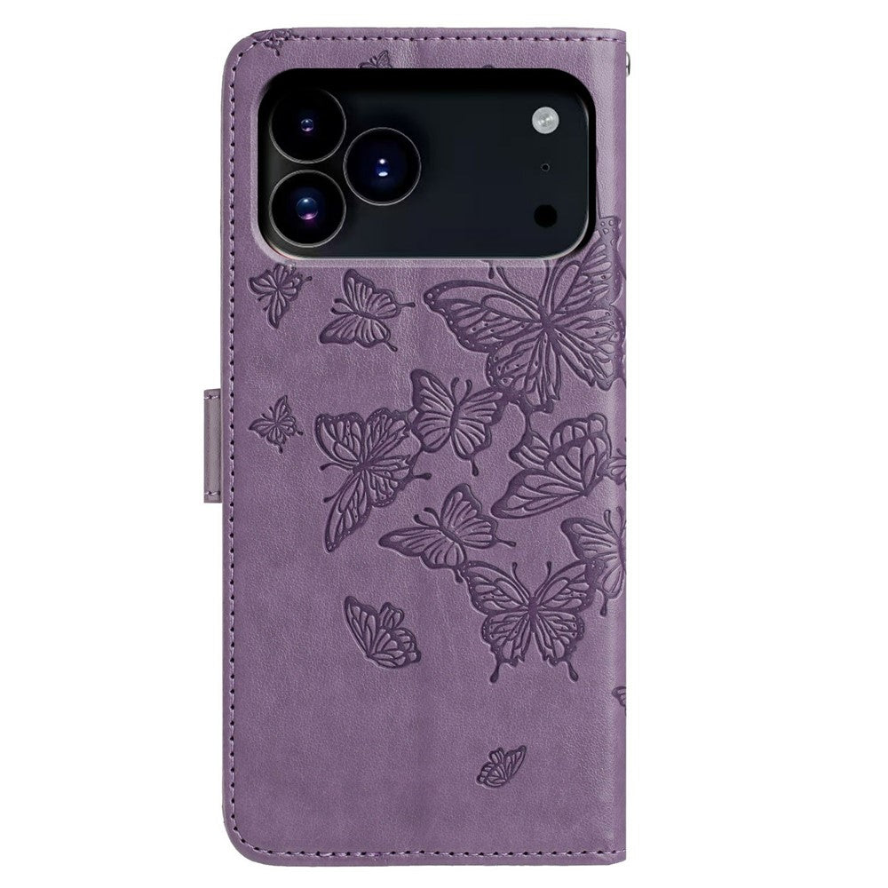 For iPhone 17 Pro Max Case Butterfly Imprinted Wallet Stand PU Leather Flip Phone Cover with Strap - Purple