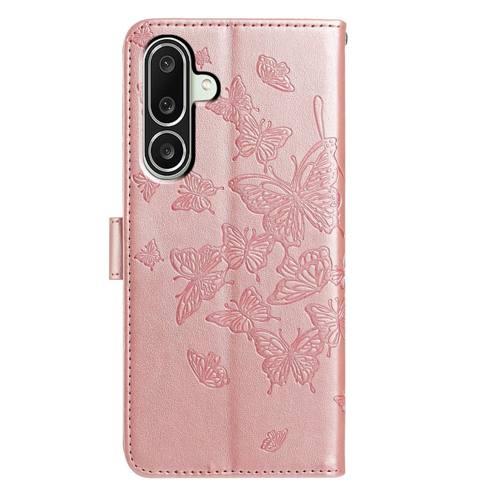 For Samsung Galaxy M56 5G Case Butterfly Imprinted Wallet Stand PU Leather Flip Phone Cover with Strap - Rose Gold