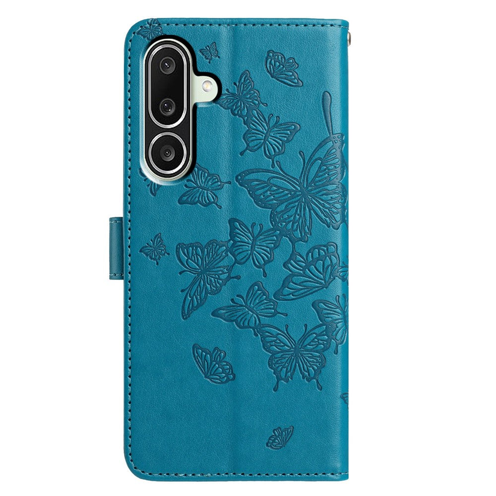 For Samsung Galaxy M56 5G Case Butterfly Imprinted Wallet Stand PU Leather Flip Phone Cover with Strap - Blue