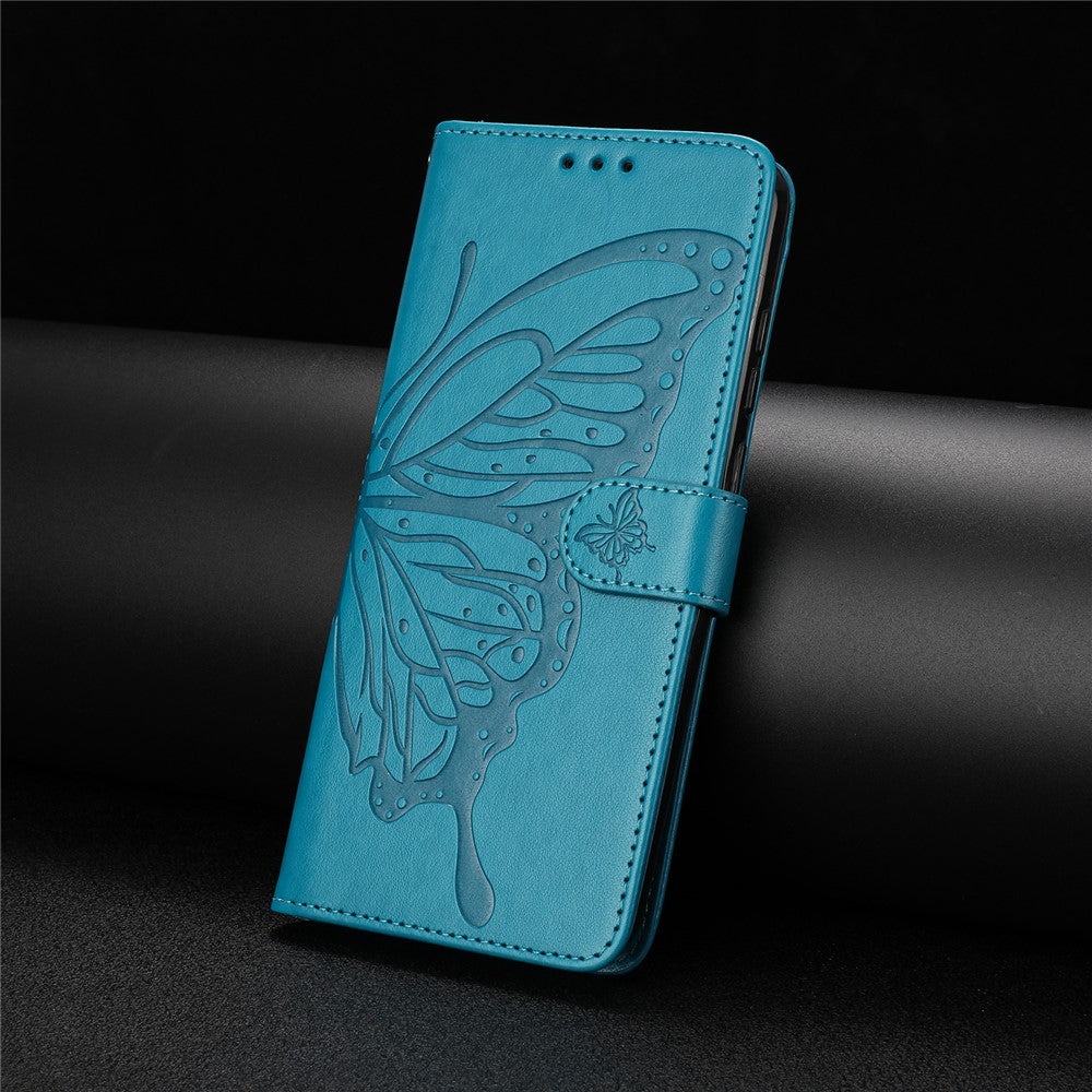 For Samsung Galaxy M56 5G Case Butterfly Imprinted Wallet Stand PU Leather Flip Phone Cover with Strap - Blue