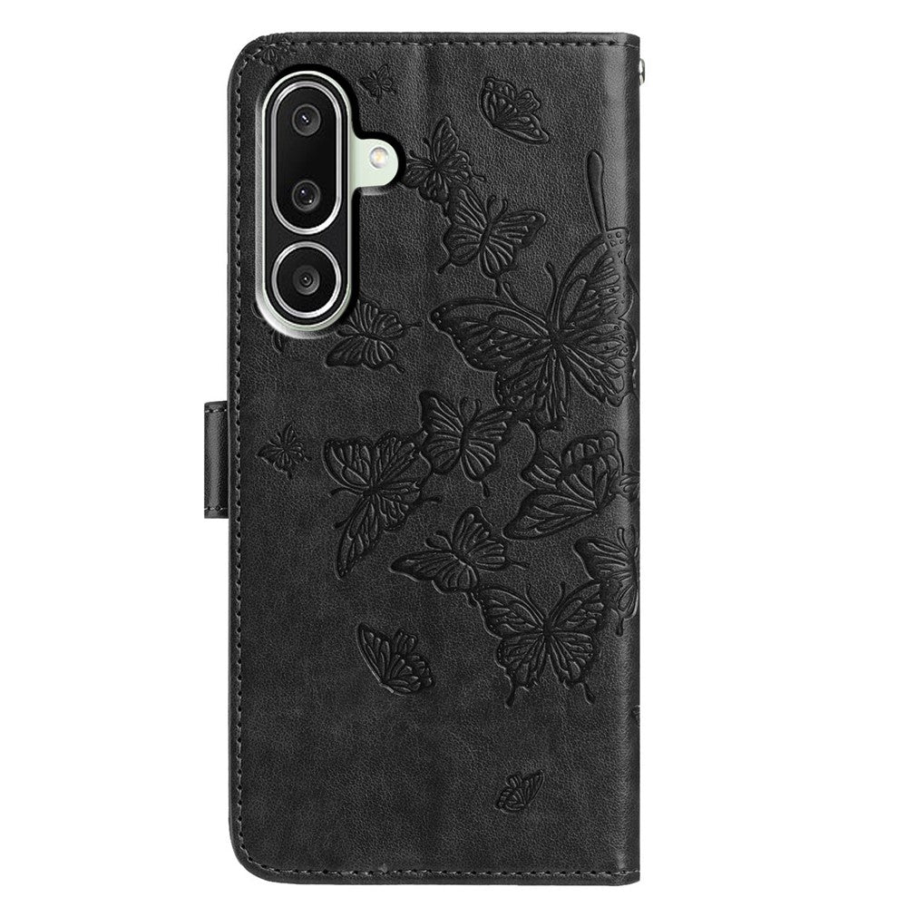 For Samsung Galaxy M56 5G Case Butterfly Imprinted Wallet Stand PU Leather Flip Phone Cover with Strap - Black