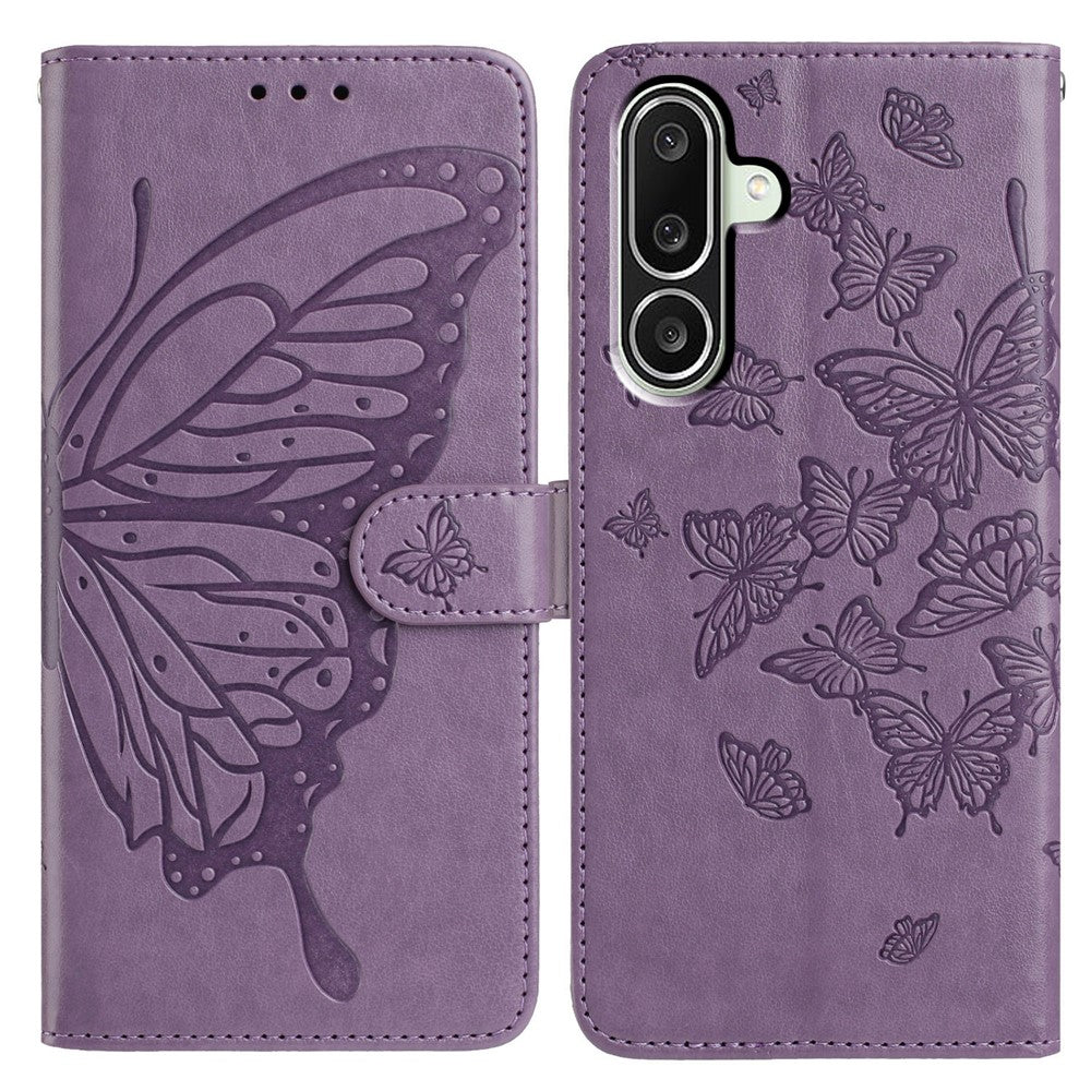 For Samsung Galaxy M56 5G Case Butterfly Imprinted Wallet Stand PU Leather Flip Phone Cover with Strap - Purple
